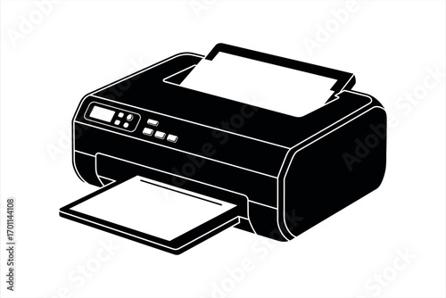 Black and white illustration of a modern printer with paper output tray extended printing office equipment