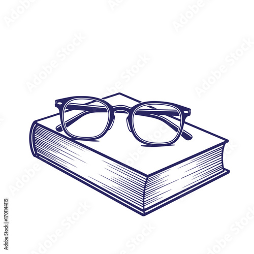 Simple blue illustration of eyeglasses resting on a closed book with textured lines