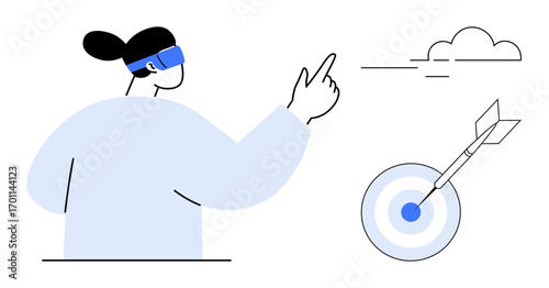 Person wearing virtual reality headset and pointing forward as an arrow hits the bullseye. Ideal for technology, virtual reality, focus, success, innovation, goals, and digital strategy. Simple flat