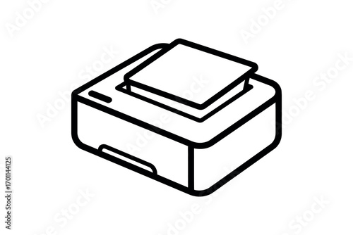 Black and white line art isometric icon of a compact printer printing office equipment