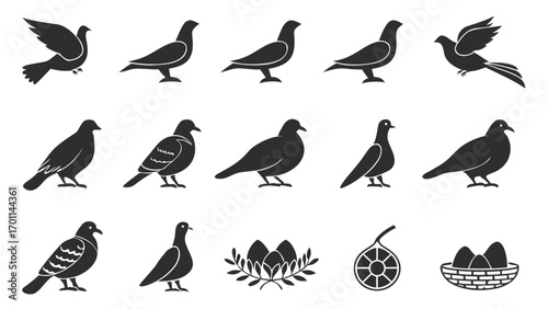 Pigeon Icons Set with Eggs and Nest dove bird