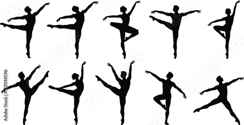 Silhouettes of male ballet dancers performing elegant poses showcasing strength, balance, flexibility, and artistic movements in classical ballet vector illustration.