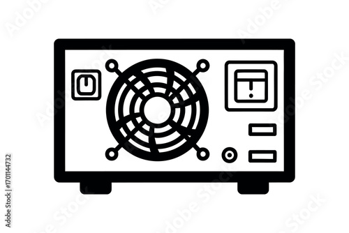 Black computer power supply unit icon with fan and ports PSU icon computer hardware icon