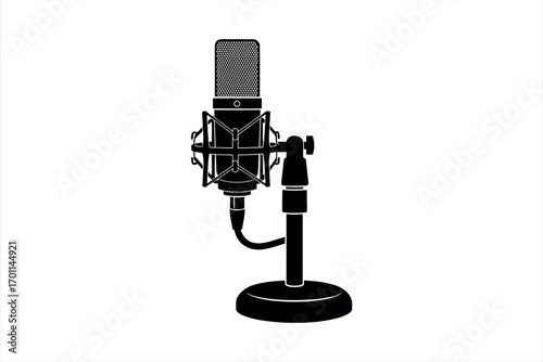 Black condenser microphone on stand with shock mount and cable studio microphone recording
