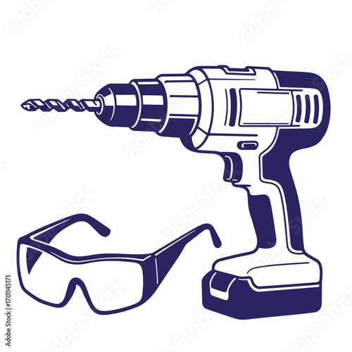 Vector illustration of a cordless drill and safety glasses on white background