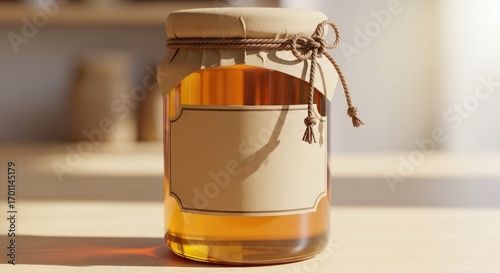 A jar of golden honey with a blank label sits on a wooden surface, tied with a rustic string and fabric.