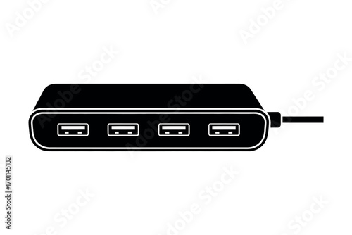 Black four port U S B hub with cable on white background USB hub four ports