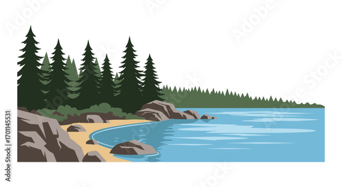 a serene lake surrounded by tall trees and rocky shores