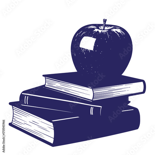 Artistic illustration of an apple atop a stack of books with a white background