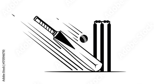 Dynamic monochrome vector art of a cricket bat hitting a speeding ball near wickets.