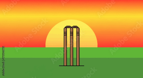 Cricket Wickets at Sunset: A Vibrant Vector Graphic