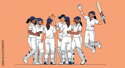 Vibrant Illustration of Women Cricket Team Cheering a Triumphant Win