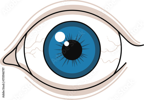 A detailed pixel art illustration showcases a striking blue eye
