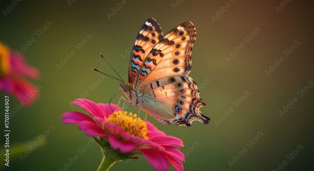 Obraz premium A vibrant butterfly rests on a pink flower, bathed in soft sunlight