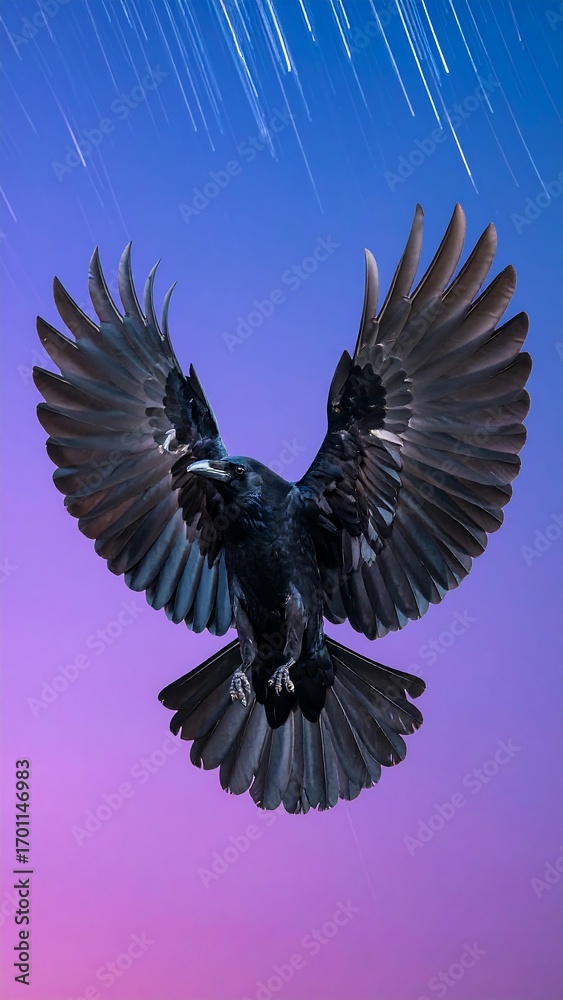 Fototapeta premium Dark bird in flight against a vibrant sky