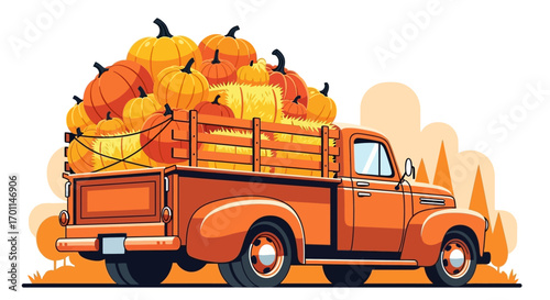 Stylized orange pickup truck overflowing with autumn pumpkins and hay