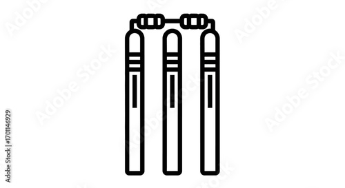 Minimalist Black Line Icon of Cricket Stumps and Bails on White Background
