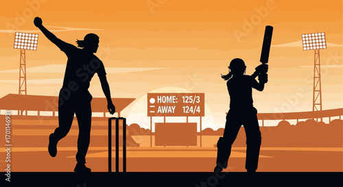 Silhouette Cricket Match with Bowler and Batter in Action at Stadium at Dusk