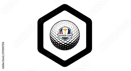 Iconic Ryder Cup Golf Ball with Logo Centered in a Modern Hexagon Frame