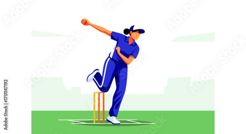 Stylized Vector Illustration of a Woman Cricket Bowler Delivering Ball