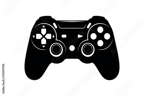 Black video game controller silhouette with white buttons and joysticks gaming gamepad