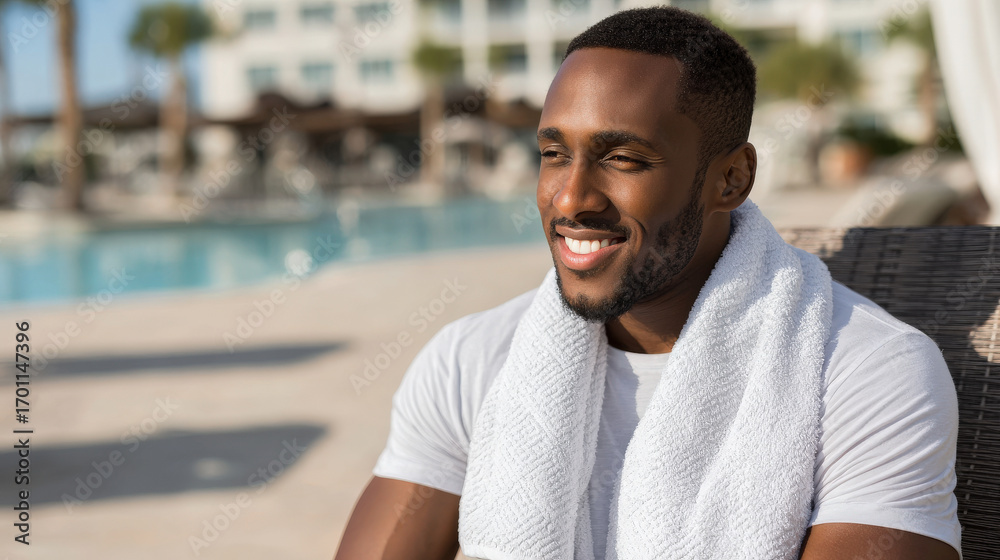 Fototapeta premium tired man smiles contently as he holds towel in his hands radiating sense of relaxation