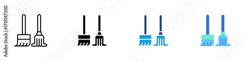 Broom and Mop Multiple Style Icon Sheet Design Vector - Broom and mop standing together representing cleaning tools for floor care