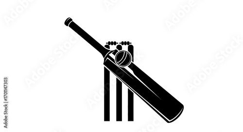 Minimalist black silhouette of cricket bat ball and stumps on white.
