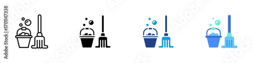 Cleaning Tools Multiple Style Icon Sheet Design Vector - Bucket with bubbles and mop symbolizing cleaning, sanitizing, and household chores
