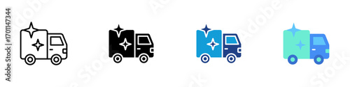 Cleaning Truck Multiple Style Icon Sheet Design Vector - Sanitation truck with sparkle representing waste management and street cleaning