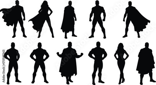 Silhouettes of superheroes and heroines with capes and powerful poses, iconic comic characters standing confidently in dynamic action stances