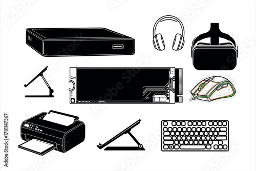 Collection of black and white computer peripherals and accessories on white background technology