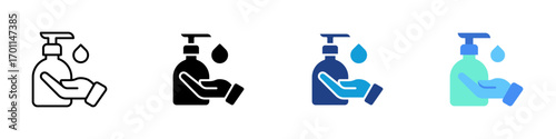 Hand Wash Multiple Style Icon Sheet Design Vector - Hand washing with soap dispenser and water drop symbolizing hygiene and cleanliness