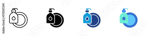 Soap Bottle Multiple Style Icon Sheet Design Vector - Soap dispenser with a dish representing hygiene, washing, and disinfection
