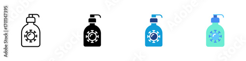 Sanitizer Multiple Style Icon Sheet Design Vector - Hand sanitizer bottle with virus symbol for hygiene, disinfection, and health protection