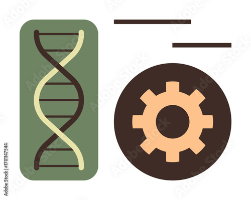 DNA strand and gear side by side, symbolizing genetic research, technology, and progress. Ideal for science, biology, genetics, research, technology engineering innovation simple flat metaphor