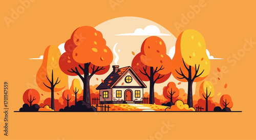Charming House in Vibrant Fall Forest Warm Tones Cozy Minimalist Illustration
