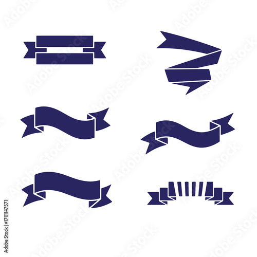 Collection of modern navy blue ribbon banners for design and decorative elements