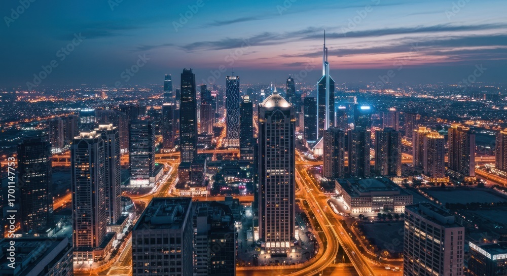 Fototapeta premium Aerial view of a modern city at dawn, illuminated by lights