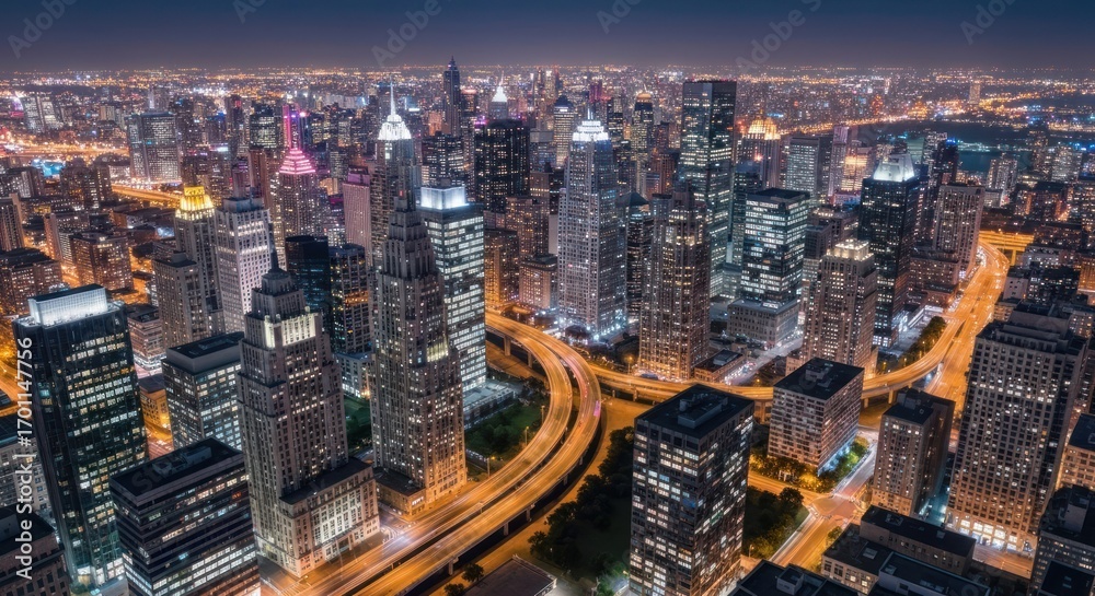 Obraz premium Aerial view of a sprawling city at night, showcasing illuminated skyscrapers and a complex highway network