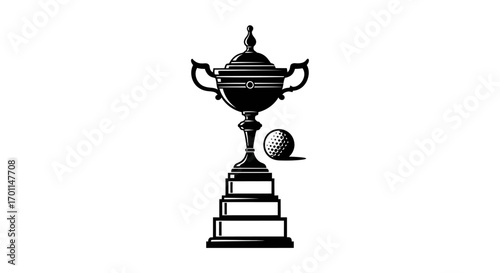 Stylized Golf Trophy Cup and Ball Silhouette Vector Illustration on White