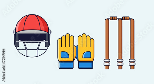 Modern Flat Design Cricket Kit: Helmet Wicketkeeper Gloves and Stumps