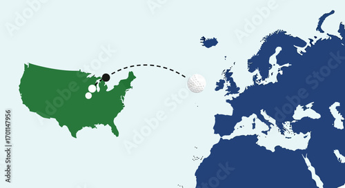 Golf Ball Flying from USA to Europe Across Ocean on Minimal World Map