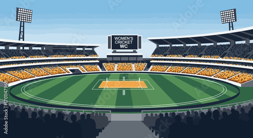 Vibrant Flat Design Cricket Stadium Ready for Women's World Cup Match