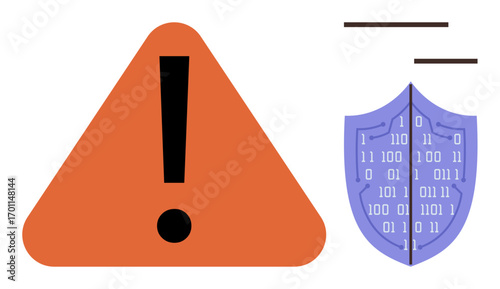 Bright orange triangle with exclamation mark next to a blue shield displaying binary code. Ideal for online safety, data security, digital threats, encryption, alert systems, IT risks, simple flat