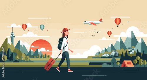 Adventurous woman with backpack and suitcase walks towards a journey with mountains and balloons in background