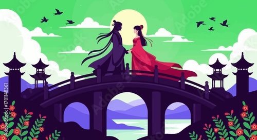 Couple in traditional attire sharing a tender moment on a scenic bridge under a bright moonlit sky.