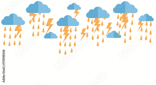 Stormy weather with rain and lightning from blue clouds.