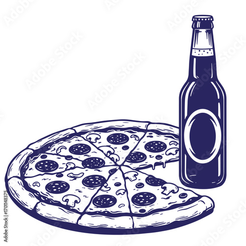 Delicious pizza with pepperoni and mushrooms beside a bottle of chilled beer vector illustration