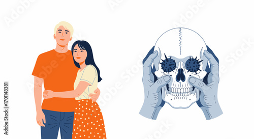 Couple embracing with a surreal skull and virus imagery representing inner turmoil or anxieties